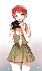 Rule 34 | 1girl, :d, artist name, blush, camera, chinese commentary, collared shirt, commentary, cowboy shot, danganronpa (series), danganronpa 2: goodbye despair, dress, dress shirt, dslr, freckles, gingham necktie, gradient background, green dress, green eyes, grey background, head tilt, holding, holding camera, koizumi mahiru, light particles, looking at viewer, necktie, open mouth, pinafore dress, pleated dress, raised eyebrows, red hair, red necktie, school uniform, shell (shell518), shirt, short hair, signature, sleeveless, sleeveless dress, smile, solo, standing, strap, teeth, two-tone necktie, upper teeth only, very short hair, white background, white necktie, white shirt