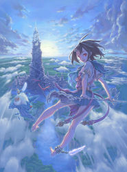 Rule 34 | anklet, barefoot, bird, brown hair, cloud, fantasy, feathers, flying, hisakata souji, jewelry, morning, original, red eyes, scenery, short hair, sky, solo, staff, tower