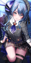 Rule 34 | 1girl, ascot, belt, black gloves, blue ascot, blue belt, blue eyes, blue hair, brooch, closed mouth, frills, gloves, highres, hololive, hoshimachi suisei, hoshimachi suisei (1st costume), jewelry, looking at viewer, plaid, plaid shirt, plaid skirt, shirt, side ponytail, single thighhigh, skirt, solo, star (symbol), star in eye, symbol in eye, thigh strap, thighhighs, thighs, virtual youtuber, yusuke (shiota)