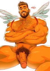 Rule 34 | 1boy, abs, arm hair, bara, beard, body hair, chest hair, chest harness, crossed arms, cupid, dark-skinned male, dark skin, excessive pubic hair, facial hair, feathered wings, feet out of frame, hairy, half-erect, harness, highres, large pectorals, looking at viewer, male focus, male pubic hair, mature male, mavex art, muscular, muscular male, nipples, original, pectorals, pubic hair, short hair, smile, solo, spread legs, stomach, thick thighs, thighs, valentine, wings
