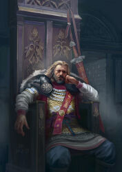 Rule 34 | 1boy, absurdres, armor, beard, commentary, dated, english commentary, facial hair, highres, indoors, initial, joelchaimholtzman, looking at viewer, medieval, medium hair, original, realistic, rollo (duke of normandy), sitting, solo, throne, vegvisir, viking, watermark, weapon