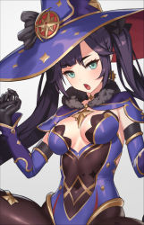Rule 34 | 1girl, black gloves, black hair, black ribbon, blush, breasts, brown pantyhose, commentary request, covered navel, cuboon, earrings, elbow gloves, genshin impact, gloves, green eyes, hair ribbon, hat, jewelry, leotard, long hair, medium breasts, mona (genshin impact), open mouth, pantyhose, ribbon, solo, twintails, witch hat