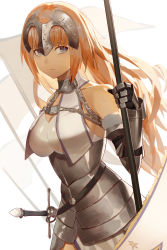 Rule 34 | 1girl, armor, armored dress, blonde hair, blue eyes, breasts, chain, cleavage, collarbone, dress, fate/apocrypha, fate (series), floating hair, gauntlets, headpiece, highres, holding, jeanne d&#039;arc (fate), jeanne d&#039;arc (ruler) (fate), jeanne d&#039;arc (third ascension) (fate), large breasts, long hair, looking to the side, sheath, sheathed, shiny clothes, simple background, solo, standing, sword, very long hair, vic (vedream), weapon, white background, white dress