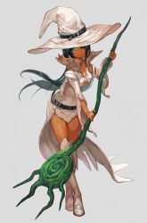 Rule 34 | 1girl, black hair, boots, breasts, cleavage, dark skin, dark-skinned female, full body, green eyes, grey background, hair over one eye, hat, highres, knee boots, lack, large breasts, long hair, original, simple background, solo, staff, white footwear, white witch (lack), witch hat