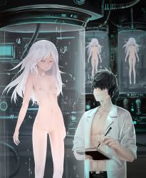 Rule 34 | 1boy, 3girls, abs, absurdres, air bubble, belt, black hair, book, breasts, bubble, closed eyes, closed mouth, coat, commission, completely nude, container, fingernails, hair over eyes, headphones, highres, holding, holding book, holding pencil, ishii-239, lab coat, laboratory, long hair, looking at another, mechanical pencil, multiple girls, muscular, muscular male, navel, nude, open clothes, open coat, original, paper, parted lips, pencil, pussy, resolution mismatch, science fiction, sleeves rolled up, smile, source larger, standing, stasis tank, submerged, transparent, tube, white coat, white hair, writing