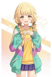 Rule 34 | 1girl, absurdres, blonde hair, blue skirt, blush, braid, cowboy shot, fang, fujita kotone, gakuen idolmaster, hair ribbon, hands on own chest, heart, highres, idolmaster, jacket, long hair, looking at viewer, multicolored clothes, multicolored jacket, open clothes, open jacket, own hands together, plaid, plaid skirt, pleated skirt, ribbon, shirt, skirt, smile, solo, sparkle, twin braids, yellow eyes, yellow shirt, yue zi