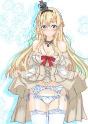 Rule 34 | 1girl, absurdres, blonde hair, blue eyes, braid, breasts, cleavage, clothes lift, commentary request, corset, crown, dress, dress lift, flower, french braid, garter belt, garter straps, highres, jewelry, kantai collection, long hair, long sleeves, looking at viewer, medium breasts, mini crown, mixed-language commentary, necklace, nitamako (sakamalh), off-shoulder dress, off shoulder, red flower, red ribbon, red rose, ribbon, rose, solo, thighhighs, warspite (kancolle), white dress, white thighhighs