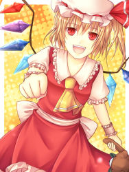 Rule 34 | 1girl, :d, ascot, blonde hair, collar, commentary request, crystal, dress, fangs, flandre scarlet, foreshortening, frilled collar, frilled shirt collar, frills, hat, hat ribbon, kutsuki kai, looking at viewer, mob cap, open mouth, puffy short sleeves, puffy sleeves, red dress, red eyes, red ribbon, ribbon, sash, short hair, short sleeves, side ponytail, skirt, skirt set, smile, solo, stuffed animal, stuffed toy, teddy bear, touhou, wings, wrist cuffs
