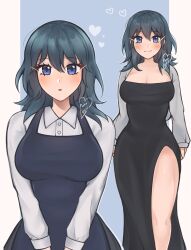 Rule 34 | 1girl, alternate costume, black dress, blue dress, blue eyes, blue hair, breasts, byleth (female) (fire emblem), byleth (fire emblem), dress, fire emblem, fire emblem: three houses, heart, highres, large breasts, long hair, looking at viewer, multiple views, nintendo, open clothes, parted lips, purrlucii, shirt, side slit, smile, standing, thighs, upper body, white shirt