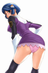 Rule 34 | 00s, 1girl, back, black thighhighs, blue hair, dress, from behind, green eyes, leaning forward, looking back, military, military uniform, panties, purple dress, purple panties, purple skirt, scheris adjani, scryed, short dress, short hair, skirt, solo, standing, thighhighs, underwear, uniform, yasuomi
