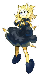 Rule 34 | 1girl, baniran dorosu, black dress, blonde hair, blue footwear, blue sclera, child, closed mouth, colored sclera, colored skin, dress, electricity, electrokinesis, female focus, flat chest, full body, hair between eyes, hands up, happy, highres, horns, index finger raised, legs, legs apart, looking at viewer, monster girl, original, personification, shoes, short dress, short hair, sidelocks, simple background, sleeveless, sleeveless dress, smile, solo, standing, thunder (baniran dorosu), white background, white eyes, wrist cuffs, yellow horns, yellow skin