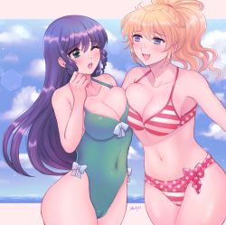 Rule 34 | 2girls, asymmetrical docking, bikini, black hair, blonde hair, blue eyes, breast press, breasts, casual one-piece swimsuit, choujikuu yousai macross, cleavage, commentary request, commission, drill hair, excellen browning, green eyes, green one-piece swimsuit, highres, jinno shigure, large breasts, long hair, lynn minmay, macross, macross: do you remember love?, multiple girls, one-piece swimsuit, one eye closed, polka dot, ponytail, skeb commission, striped bikini, striped clothes, super robot wars, swimsuit