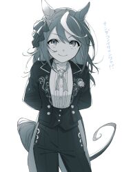 Rule 34 | 1girl, 28yanagiii, animal ears, arms behind back, closed mouth, collared shirt, corsage, cross tie, feet out of frame, greyscale, horse ears, horse girl, horse tail, jacket, long hair, long sleeves, looking at viewer, monochrome, multicolored hair, open clothes, open jacket, pants, shirt, shirt tucked in, smile, solo, standing, streaked hair, tail, tailcoat, tokai teio (umamusume), tokai teio (waltz of hiwing) (umamusume), umamusume