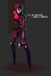 Rule 34 | absurdres, amputee, android, aurochima, blood, bone, cyberpunk, elster (signalis), gun, handgun, highres, joints, low bore axis revolver, mechanical parts, metal skin, no feet, pixel text, revolver, robot girl, robot joints, science fiction, signalis, snubnosed revolver, weapon