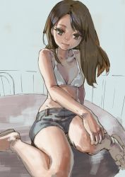 Rule 34 | 1girl, aro (charged time out), bikini, bikini top only, blue eyes, breasts, brown hair, cleavage, collarbone, denim, denim shorts, long hair, looking at viewer, sandals, shorts, sitting, sketch, small breasts, smile, solo, swept bangs, swimsuit, thighs, wariza, white bikini