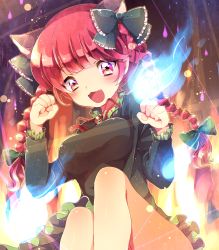 Rule 34 | 1girl, animal ears, bad id, bad pixiv id, blush, bow, braid, breasts, cat ears, cat girl, clenched hands, dress, extra ears, fang, female focus, fire, green dress, hair bow, imokototaisi, kaenbyou rin, long sleeves, medium breasts, multicolored eyes, open mouth, pink eyes, red eyes, red hair, short hair, smile, solo, spirit, touhou, twin braids