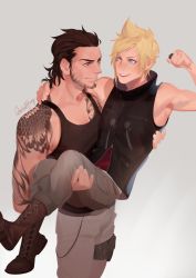 Rule 34 | 2boys, arm around neck, arm tattoo, armpits, artist name, bare arms, beard, black shirt, blonde hair, blue eyes, boots, brown eyes, brown footwear, brown hair, carrying, chest tattoo, clenched hand, facial hair, final fantasy, final fantasy xv, flexing, gladiolus amicitia, grey background, grey pants, hair slicked back, highres, looking at another, male focus, medium hair, multiple boys, muscular, muscular male, open mouth, pants, princess carry, prompto argentum, rachel huey, shirt, short hair, sleeveless, sleeveless shirt, sleeveless turtleneck, smile, spiked hair, swept bangs, tank top, tattoo, turtleneck, yaoi
