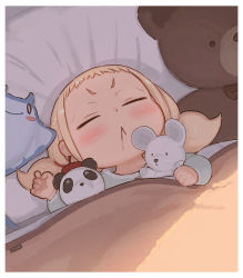 Rule 34 | 1girl, :&lt;, blanket, blonde hair, blush, child, closed eyes, commentary request, drooling, kozato (yu kozato), little blonde girl (kozato), long sleeves, low twintails, original, sleeping, solo, stuffed animal, stuffed panda, stuffed toy, teddy bear, twintails