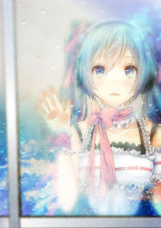 Rule 34 | 1girl, against glass, blue eyes, blue hair, choker, collarbone, from outside, hair between eyes, hair ribbon, hatsune miku, long hair, looking at viewer, parted lips, pink ribbon, ribbon, shiomizu (swat), sleeveless, solo, twintails, upper body, vocaloid, wrist cuffs