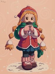 Rule 34 | 1girl, artist name, boots, coffee cup, commentary, cup, disposable cup, english commentary, gloves, gurumin, hat, headphones, highres, holding, holding cup, jacket, long hair, open mouth, orange background, orange hair, pantyhose, parin, pink gloves, prilajathefairy, red footwear, red hat, red jacket, snow, snowing, solo, twintails, winter clothes