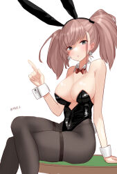 Rule 34 | 1girl, alternate costume, alternate hairstyle, animal ears, atlanta (kancolle), black leotard, black pantyhose, bow, bowtie, breasts, brown hair, commentary request, detached collar, earrings, feet out of frame, grey eyes, index finger raised, jewelry, kantai collection, large breasts, leotard, long hair, pantyhose, playboy bunny, rabbit ears, rabbit tail, red bow, red bowtie, simple background, sitting, solo, star (symbol), star earrings, strapless, strapless leotard, table, tail, tetsukuzu (yajirushi shita), thighband pantyhose, twintails, white background, wrist cuffs