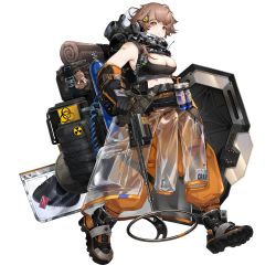 Rule 34 | 1girl, ahoge, backpack, bag, ballistic shield, bandaid, bandaid on arm, bandaid on stomach, bare shoulders, bedroll, biohazard symbol, boots, breasts, brown eyes, brown hair, cleavage, clothes around waist, full body, game cg, gas mask, girls&#039; frontline, girls&#039; frontline neural cloud, gloves, hair ornament, hazard symbol, highres, jacket, large breasts, mask, unworn mask, metal detector, midriff, navel, nbc suit, official art, orange pants, oxygen tank, pants, poison symbol, radiation symbol, see-through, see-through jacket, shield, short hair, skull and crossbones, solo, stuffed animal, stuffed toy, symbol, tank top, teddy bear, toxic symbol, transparent background, zion (neural cloud)