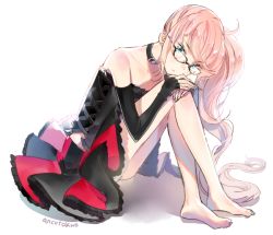 Rule 34 | 10s, 1boy, anco (melon85), androgynous, aqua eyes, artist name, bare legs, bare shoulders, barefoot, black-framed eyewear, black shirt, blonde hair, choker, collar, collarbone, crossdressing, detached sleeves, elbow gloves, feet, fingerless gloves, frilled skirt, frills, gatchaman crowds, glasses, gloves, head rest, head tilt, knees to chest, knees up, legs, long hair, long sleeves, looking at viewer, male focus, miniskirt, ninomiya rui, no shoes, pink hair, ponytail, shadow, shirt, side ponytail, simple background, sitting, skirt, sleeves past wrists, solo, strapless, trap, tube top, white background, wig