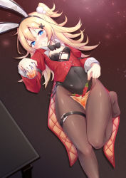 Rule 34 | 1girl, abercrombie (azur lane), abercrombie (mischief on the rocks) (azur lane), absurdres, animal ears, azur lane, black bow, black bowtie, black hairband, black leotard, blonde hair, blue eyes, blush, bow, bowtie, breasts, brown pantyhose, chili pepper, commentary request, covered navel, cup, drinking glass, fake animal ears, food, grin, hair between eyes, hairband, highres, holding, holding cup, holding food, jacket, juliet sleeves, leotard, long sleeves, looking at viewer, lying, no shoes, official alternate costume, on back, pantyhose, playboy bunny, ponytail, puffy sleeves, rabbit ears, red jacket, small breasts, smile, solo, strapless, strapless leotard, wakamezake, yukimi ai risu