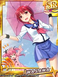 Rule 34 | 10s, 2girls, angel beats!, card (medium), character name, gradient background, iwasawa masami, long hair, multiple girls, pink hair, raincoat, red eyes, red hair, school uniform, serafuku, short hair, sleeves rolled up, touon, transparent, transparent umbrella, umbrella, wristband, yui (angel beats!)