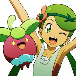 Rule 34 | 1girl, ;d, arms up, bare arms, bounsweet, collarbone, commentary request, creatures (company), eyelashes, flower, game freak, gen 7 pokemon, green hair, grey overalls, hair flower, hair ornament, highres, kuroki shigewo, looking at viewer, mallow (pokemon), nintendo, one eye closed, open mouth, overalls, pokemon, pokemon (anime), pokemon (creature), pokemon sm (anime), simple background, smile, swept bangs, teeth, tongue, twintails, upper teeth only, white background
