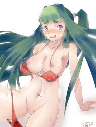 Rule 34 | 1girl, arm support, artist request, bikini, bikini pull, blue eyes, blunt bangs, blush, breasts, cleft of venus, clothes pull, colored eyebrows, drooling, facing viewer, functionally nude, green hair, highres, long hair, looking at viewer, medium breasts, mocha (osu!), mouth drool, navel, nipples, open mouth, orange bikini, osu!, puffy areolae, pussy, pussy juice, pussy juice trail, sitting, small nipples, solo, swimsuit, very long hair