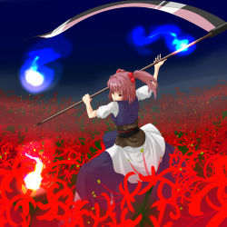 Rule 34 | 1girl, female focus, flower, ghost, hair bobbles, hair ornament, onozuka komachi, outdoors, pink hair, plant, red eyes, scythe, short hair, sky, solo, spider lily, standing, taida jun, touhou, twintails, two side up