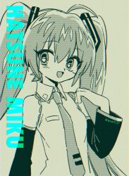 Rule 34 | 39, black sleeves, crypton future media, detached sleeves, grey background, hatsune miku, headset, highres, long hair, looking at viewer, menma (enaic31), necktie, open mouth, piapro, smile, twintails, very long hair, vocaloid