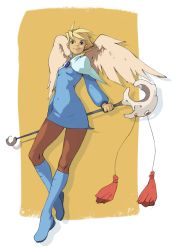 Rule 34 | 1girl, angel wings, blonde hair, blue footwear, boots, breasts, breath of fire, breath of fire iv, dress, full body, hairband, knee boots, nina (breath of fire iv), pantyhose, small breasts, solo, vins-mousseux, wings