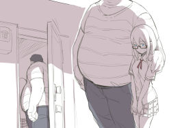 Rule 34 | 1boy, 1girl, age difference, asutora, asutora-chan, black-framed eyewear, blue eyes, door, fat, fat man, glasses, height difference, indoors, mole, mole under eye, monochrome, older man and younger girl, original, plaid, plaid skirt, pleated skirt, red neckwear, red ribbon, ribbon, school uniform, shirt, short hair, short sleeves, skirt, solo focus, spot color, standing, white shirt