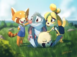 Rule 34 | 1boy, 2girls, aggressive retsuko, animal crossing, animal ears, animal hands, arm behind back, arm up, artist name, barefoot, bent over, between legs, bilby (dreamworks), blonde hair, blue skirt, blue sky, blue vest, blush stickers, breasts, brown eyes, bush, closed eyes, closed mouth, cloud, crossover, day, dog ears, dog tail, dreamworks, fangs, flat chest, formal, full body, furry, grass, green vest, hair tie, hand between legs, happy, headpat, highres, horizon, huge filesize, isabelle (animal crossing), looking at another, looking to the side, miniskirt, multiple girls, nintendo, open mouth, orange eyes, outdoors, outstretched arm, pawpads, pencil skirt, plaid, plaid vest, pointedfox, retsuko, rock, shirt, short hair, short sleeves, signature, sitting, skirt, skirt suit, sky, small breasts, smile, standing, suit, tail, tongue, topknot, universal studios, vest, white shirt