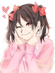 Rule 34 | 1girl, ;), artist name, artist request, black hair, blush, bow, breasts, cardigan, collared shirt, double m/, female focus, hair between eyes, hair bow, heart, jacket, long hair, long sleeves, looking at viewer, love live!, love live! school idol project, nico nico nii, one eye closed, otonokizaka school uniform, parted lips, pink cardigan, pink jacket, pink shirt, red bow, red eyes, school uniform, shirt, short hair, short twintails, smile, solo, twintails, upper body, white background, yazawa nico