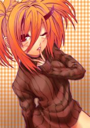 Rule 34 | 1girl, absurdres, breasts, facial tattoo, finger to mouth, highres, horns, large breasts, long sleeves, looking at viewer, one eye closed, open mouth, orange hair, original, red eyes, solo, striped clothes, striped sweater, sweater, tattoo, twintails, wisespeak
