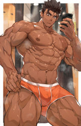 Rule 34 | 1boy, abs, bara, bulge, dark-skinned male, dark skin, feet out of frame, gluteal fold, highres, holding, holding phone, large pectorals, long sideburns, male focus, male underwear, male underwear pull, muscular, muscular male, navel, navel hair, nikism, nipples, orange male underwear, original, pectorals, phone, pulled by self, short hair, sideburns, solo, spiked hair, stomach, sweat, thick eyebrows, thick thighs, thighs, topless male, translation request, underwear, underwear only