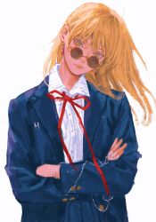 Rule 34 | 1girl, 637 00e seran, alternate hair length, alternate hairstyle, blazer, blonde hair, blue jacket, blue skirt, borrowed clothes, bow, bowtie, chain, closed mouth, clothes writing, crossed arms, earrings, floating hair, genderswap, genderswap (mtf), hair behind ear, head tilt, highres, hunter x hunter, jacket, jewelry, kurapika, long hair, long sleeves, looking at viewer, multiple rings, official alternate hairstyle, photo-referenced, pleated skirt, red bow, red bowtie, ring, round eyewear, shirt, simple background, skirt, smile, solo, striped clothes, striped shirt, sunglasses, vertical-striped clothes, vertical-striped shirt, white background, white shirt, yellow eyes