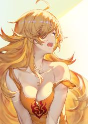 Rule 34 | 1girl, ahoge, bare shoulders, blonde hair, blush, breasts, breasts squeezed together, cleavage, collarbone, commentary request, hair over one eye, izumi sai, light, long hair, looking afar, looking away, looking to the side, medium breasts, messy hair, open mouth, orange shirt, partial commentary, print shirt, purple eyes, rwby, shirt, sleeveless, solo, strap slip, tank top, teeth, upper body, upper teeth only, very long hair, waking up, yang xiao long