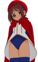 Rule 34 | 1girl, blue leotard, blue thighhighs, blush, bow, cape, cardcaptor sakura, closed mouth, cowboy shot, dress, green eyes, hat, head tilt, highres, kinomoto sakura, leotard, osame, red bow, red cape, red hat, simple background, solo, standing, thighhighs, white background, white dress