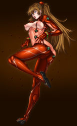 Rule 34 | 1girl, alternate breast size, asagiri, ass, blue eyes, blush, bodysuit, breasts, brown hair, butt crack, cameltoe, covered navel, curvy, evangelion: 2.0 you can (not) advance, full body, huge ass, lips, long hair, looking at viewer, multicolored bodysuit, multicolored clothes, neon genesis evangelion, nipples, plugsuit, rebuild of evangelion, red bodysuit, shiny clothes, shiny skin, simple background, skin tight, solo, souryuu asuka langley, sweat, test plugsuit, tsundere, two side up, very long hair, wide hips