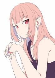 Rule 34 | 1girl, bare shoulders, blue eyes, cei (sohin), closed mouth, earrings, fingernails, jewelry, long hair, looking at viewer, original, own hands together, pink hair, pointy ears, red eyes, sharp fingernails, sidelocks, simple background, slit pupils, sohin, solo, stud earrings, tank top, upper body, white background