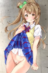 Rule 34 | 1girl, arm at side, blush, bow, brown hair, cleft of venus, clenched hand, clothes lift, green bow, grey background, hair bow, highres, licking lips, lifted by self, long hair, love live!, love live! school idol project, minami kotori, no panties, nude filter, pleated skirt, pussy, school uniform, shirt, skirt, skirt lift, sweater vest, third-party edit, tongue, tongue out, white shirt, yamada 328, yellow eyes