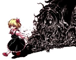 Rule 34 | 1girl, black skirt, black vest, blonde hair, blush, commentary request, darkness, full body, hair ribbon, isu (is88), long sleeves, monster, open mouth, outstretched arms, red eyes, red footwear, red neckwear, red ribbon, ribbon, rumia, shadow, shirt, shoes, short hair, simple background, skirt, smile, socks, touhou, vest, walking, white background, white legwear, white shirt