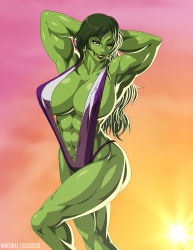 Rule 34 | 1girl, ;), abs, adapted costume, armpits, arms behind head, breasts, cleavage, collaboration, colored skin, elee0228, green eyes, green hair, green skin, highres, huge breasts, jennifer walters, lipstick, long hair, makeup, marvel, matching hair/eyes, mike inel, muscular, muscular female, one eye closed, purple lips, she-hulk, sideboob, slingshot swimsuit, smile, solo, swimsuit, thick thighs, thighs