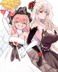 Rule 34 | 2girls, :d, :o, arm up, bad drawr id, bad id, beads, black bow, black gloves, blonde hair, bouquet, bow, breasts, bridal veil, bride, cleavage, collar, dress, elbow gloves, facing viewer, flower, gloves, hair bow, hair flower, hair ornament, heart, kazu tanuki, lace, lace-trimmed gloves, lace collar, lace trim, large breasts, leaf, leaf hair ornament, locked arms, long hair, looking at viewer, medium hair, multiple girls, oekaki, open mouth, original, parted lips, pink hair, red flower, red rose, rose, sidelocks, simple background, small breasts, smile, standing, striped bow, teeth, upper teeth only, veil, wedding dress, white background, white collar, white dress, white gloves, white veil, x hair ornament, yellow flower