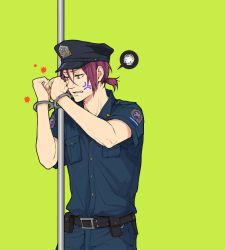 Rule 34 | 10s, 1boy, anger vein, bad id, bad pixiv id, cuffs, free!, future fish, green background, handcuffs, hat, male focus, matsuoka rin, pole, police, police hat, police uniform, ponytail, red eyes, red hair, spoken squiggle, squiggle, twoframe, uniform