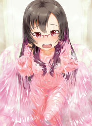 Rule 34 | 1girl, 2t (tanakatakuto), bathtub, black hair, blush, breasts, brown hair, embarrassed, glasses, hadi girl, kagura sae, looking at viewer, lube, messy, nipples, nude, open mouth, red-framed eyewear, red eyes, slime, slime (substance), small breasts, solo, wavy mouth